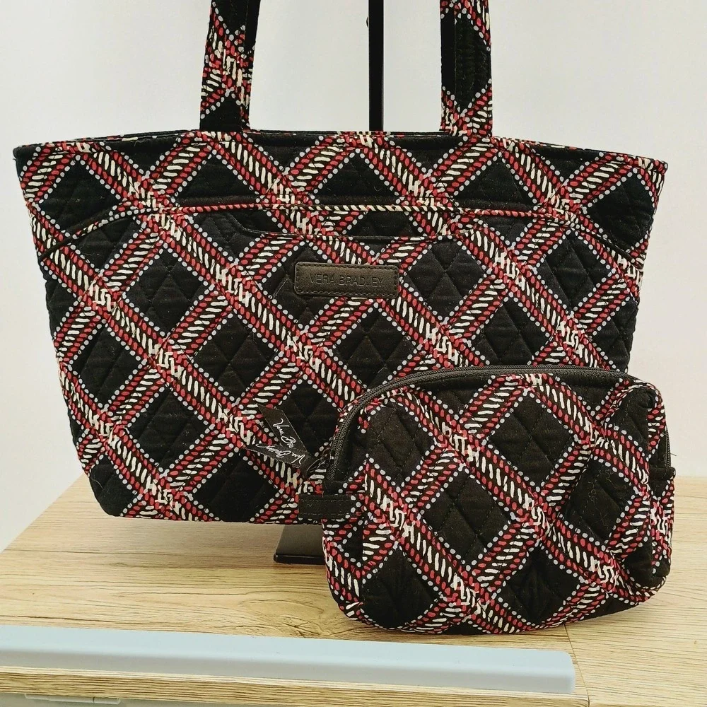 Vera Bradley Minsk Plaid Shoulder Tote Quilted Cotton Bag And Cosmetic Case Set